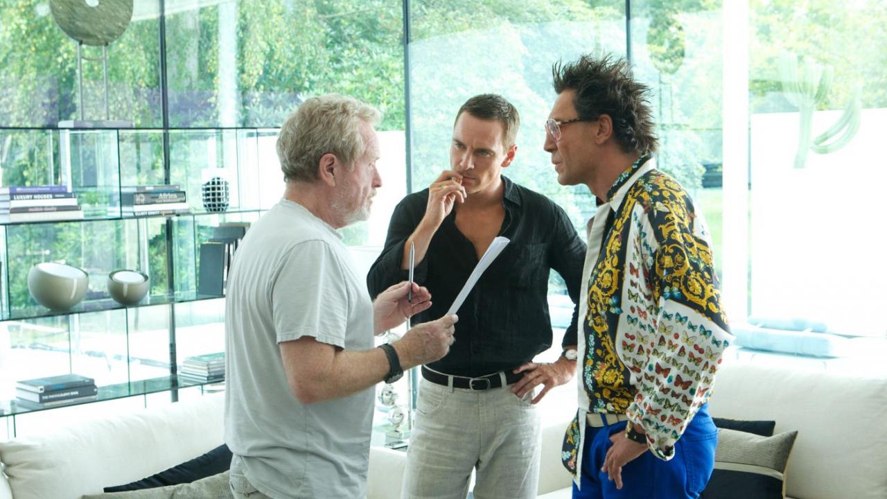 Ridley Scott, Michael Fassbender et Javier Bardem sur le tournage de Cartel