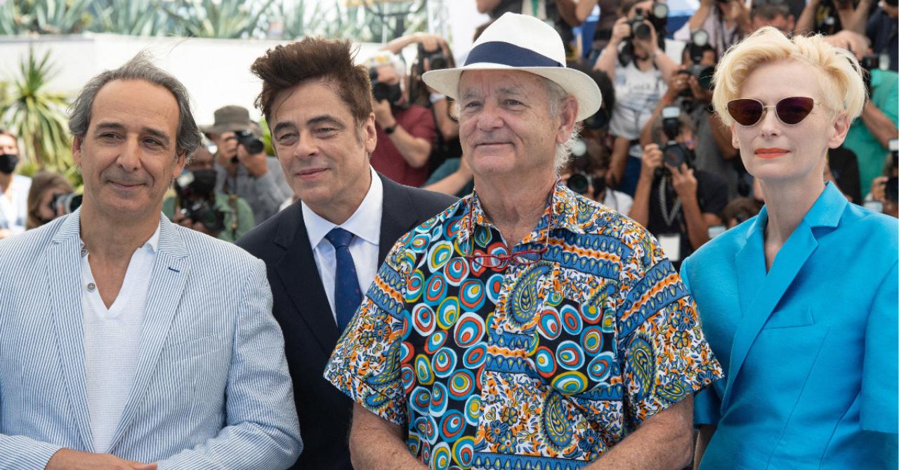 Cannes 2021 : Alexandre Desplat, Benicio Del Toro, Bill Murray et Tilda Swinton au photocall de The French Dispatch