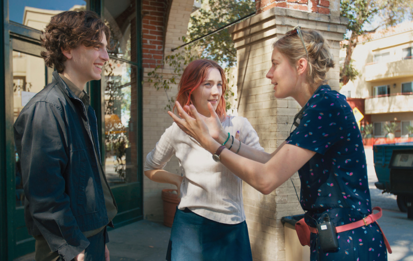 Timothée Chalamet, Saoirse Ronan et Greta Gerwig sur le tournage de Lady Bird